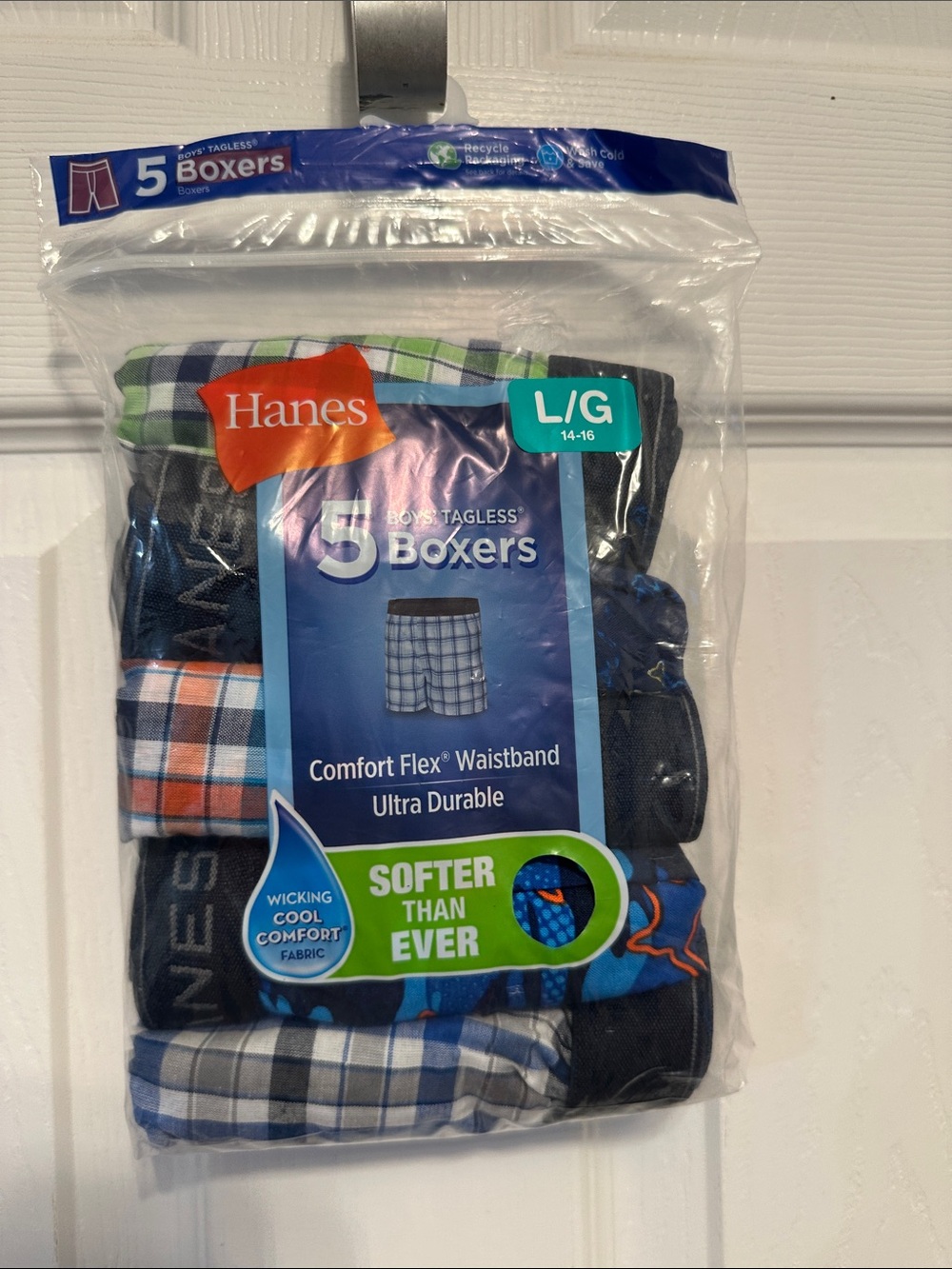 Hanes Boys 5-Pack Tagless Boxers - Navy, Blue, Green & Orange Plaids